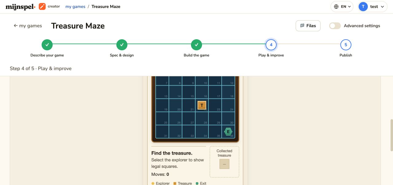 Creator Play area with the embedded game and guided workflow