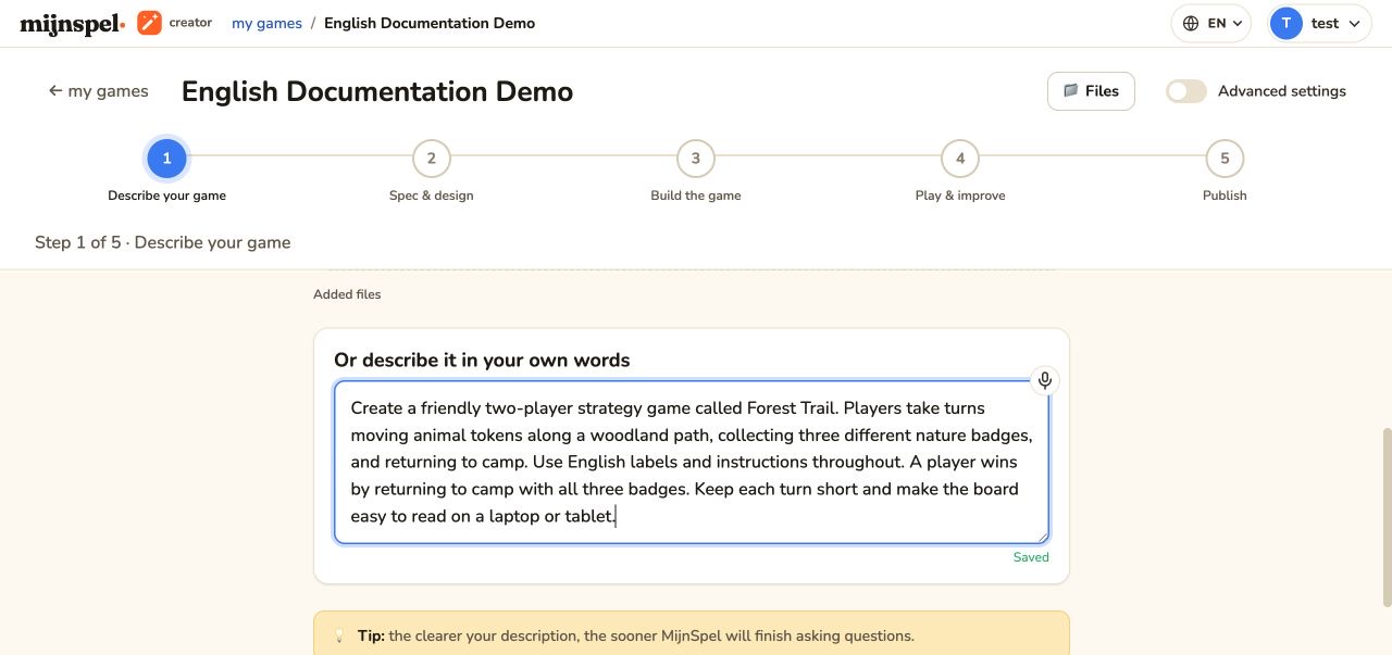 Creator showing a guided game-building phase and its conversation